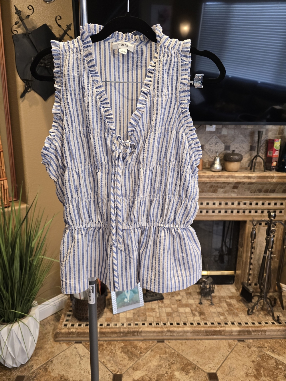 CeCe Blue and White Striped Ruffle Tie-Front Peplum Tank - Picture 2 of 6
